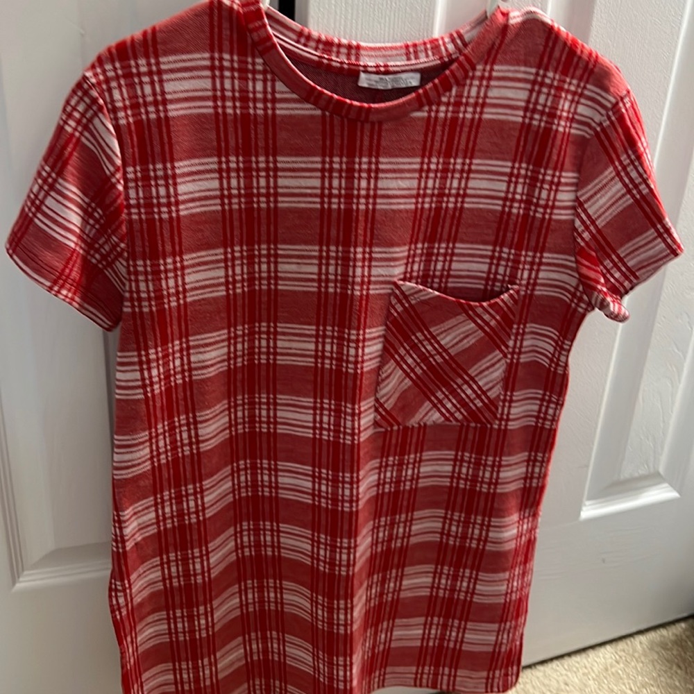 Zara red plaid tshirt with side slit size small